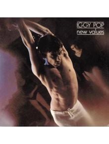 Мускулест мъж без риза позира с вдигнати ръце на тъмен, размазан фон. В горния десен ъгъл текстът гласи: Iggy Pop - New Values (VINYL) преиздание 2025 г.