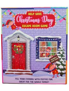 Играта Fizz Creations - Help Save Christmas Day Escape Room настолна игра се предлага в цветна кутия със заснежена къща, червена врата, украсен прозорец, лампички и анимационни деца. Насладете се на празнично семейно забавление с 5 уникални игри в това ко