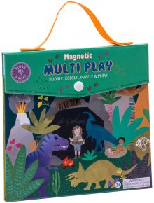Игра Floss & Rock с магнити и оцветяване Dino е цветен мулти-плейсет с илюстрирани динозаври, дете, растения и вулкани, с зелена дръжка на опаковката. Препоръчва се като пъзел за деца над 3 години.