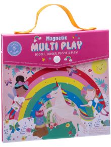 Розовата кутия на Игра Floss & Rock с магнити и оцветяване Fairy съдържа изображения на Rainbow Fairy, еднорог, две момичета-феи, бухал, дъги, цветя, текст на кирилица "магнитна мулти игра" и жълта дръжка за носене.