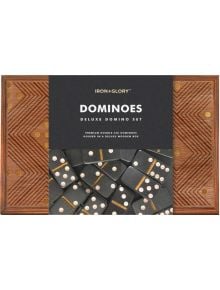Игра Iron & Glory - Домино: луксозен комплект с черни домино плочки със златни точки в декоративна дървена кутия с геометричен дизайн и месингови инкрустации-идеален за настолни игри.