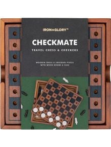 Игра Iron & Glory - Шах и Дама: дървен комплект с прегъваща се дъска и фигури, в кутия CHECKMATE Travel Chess & Checkers с изображения-идеален избор за любителите на класически игри.