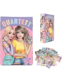 Кутията Игра с карти Top Model Quartett включва илюстрираните герои Кристи и Саша, които държат карти, с карикатурни лица отстрани и ярки карти с герои отпред.