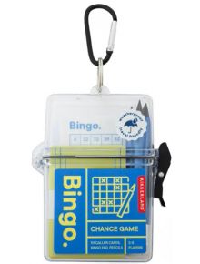 Игра за из път Kikkerland - Бинго: комплект с бинго карти, моливи и тефтер в прозрачен водоустойчив калъф с черен карабинер-перфектната игра за пътуване, устойчива на всякакво време.