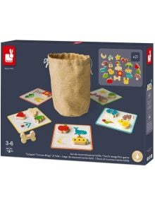 Кутия за Игра за памет с напипване Janod (3-6 години), включваща торбичка от буренак, цветни дървени елементи и илюстрирани карти с животни, превозни средства и плодове. Тази увлекателна сетивна игра включва 21 части.
