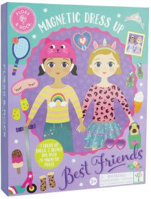 Кутия за комплект "Игра за преобличане Floss & Rock Friends" магнитни кукли с две илюстрирани момичета, тоалети, аксесоари и цветни сърца на лилав фон. Препоръчва се за деца на възраст над 3 години.