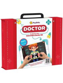 A red Образователна интерактивна игра PlayShifu - Доктор за деца 4-8 г., с таблет, показващ пациент и рентгенова снимка. Представена като първия в света дигитален докторски комплект.
