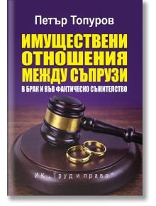 Корица на българска книга с съдийски чук и два сватбени пръстена. Заглавието е изписано в жълто и бяло: „Имуществени отношения между съпрузи в брак и във фактическо съжителство“. В горната част е посочен авторът Петър Топуров.