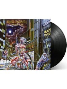 Обложката на албума Iron Maiden - Somewhere in Time (VINYL) изобразява футуристична фигура на киборг в неоново осветен град с небостъргачи и табели, а вдясно се вижда частично голяма черна винилова плоча.