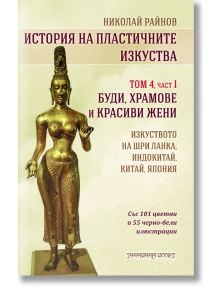 Българска корица на книга със златна статуя и текст за историята на изкуството, будизма, храмовете и жените. Заглавие: "История на пластичните изкуства т.4 ч.1: Буди, храмове и красиви жени" от Николай Райнов.