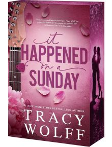 Корицата на книгата "Случи се в неделя" с розов мотив, гърло на китара, листенца от рози, божури и силует на прегръщаща се двойка - идеална за почитателите на романите с поп звезди и сърдечните любовни истории.