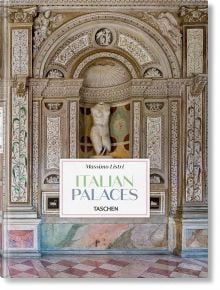 Корицата на "Massimo Listri: Италиански дворци" показва богато украсена архитектура, класическа гола статуя и детайлни модели, които пресъздават величието и историческата елегантност на италианските дворци.