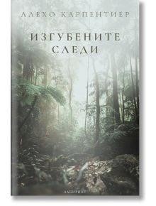 Корицата на книгата за Изгубените следи: буйна, мъглива джунгла с високи дървета и гъсти растения. Българското заглавие е изписано на видно място, а над него е името на автора.