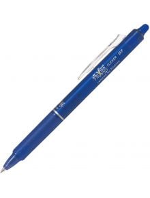 Изтриваемата гел химикалка Pilot FriXion Clicker FR7-L 07, синя с термочувствително мастило, прозрачен клипс и прибиращ се връх, е показана диагонално на бял фон.