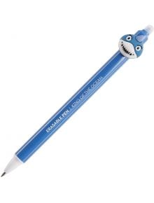 Изтриваемата химикалка Miquelrius Back2Fun, акула има синя цев с надпис "ERASABLE PEN | KING OF THE OCEAN", термочувствително мастило и усмихната капачка с акула - идеална за вашата училищни пособия колекция.