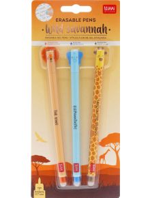 Комплект изтриваеми гел химикалки Legami - Wild Savannah включва три цветни химикалки (оранжева, синя, жълта) с термочувствително мастило и капачки с животински лица: лъв, слон и жираф.
