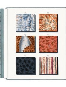 Страница от "Jan Christiaan Sepp: Книга за мрамора" са показани шест уникално орнаментирани, номерирани проби от мрамор (67-72), всяка от които е изобразена като квадрат в илюстрирана научна таблица, озаглавена "Представяне на видовете мрамор.