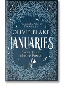Корица на книга с твърда корица за Januaries, с орнаментирани бели лозички и звездички на син фон, с малко бяло цвете под заглавието.