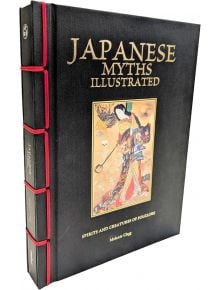 Предната корица на "Илюстрирани японски митове" е със златен текст и илюстрация на традиционна японка в цветно облекло, вдъхновена от фолклора, на черен фон с червени акценти.