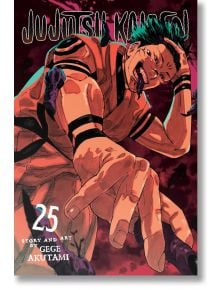 На корицата на Jujutsu Kaisen, Vol. 25 е изобразен мускулест герой със зелена коса, татуировки и няколко ръце, които държат лилави предмети. Заглавието "Jujutsu Kaisen" е в горната част, а под него е изписано "Vol. 25 Story and Art by Gege Akutami".