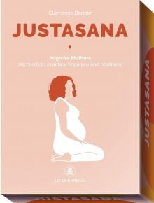 Каре за JustAsana - Йога за майки, на което е изобразена бременна жена, седнала с кръстосани крака. В кутията са представени 115 карти, предназначени за предродилна и следродилна йога практика за майки.