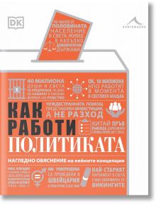 Корицата на книгата "Как работи политиката" показва статистически данни и факти за политиката и държавно управление в бял и оранжев текст на сиво-оранжев фон, с изображение на избирателна урна. Заглавието е изписано на български език.