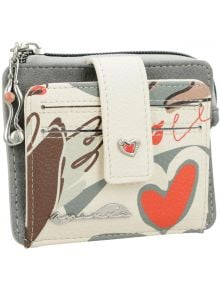 Калъф за карти Anekke Alma Ole 11х9х2 см - дамски аксесоар с кремаво-сив абстрактен дизайн, червени сърца, закопчалка със сърце и метална висулка на ципа.