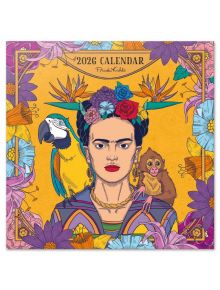 Яркая иллюстрация Фриды Кало с цветами в волосах, попугаем и обезьянкой, окружённая цветочными узорами. Вверху надпись "Календар Grupo Erik - Frida Kahlo, 2026 година". Идеално за колекциите календарей!.