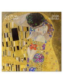 Стенен календар Grupo Erik - Gustav Klimt, 2026 година с корица, изобразяваща прочутата "Целувка" - прегърната двойка в златни одежди на фона на флорални и геометрични мотиви.