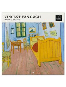 Календар Grupo Erik - Van Gogh, 2026 година с корица "Спалнята в Арл" на Ван Гог: уютна стая с жълти мебели, дървен под и сини стени. Включва логото на музея "Ван Гог" в Амстердам в ъгъла.