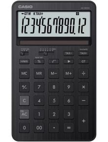 Калкулатор Casio JW-200DQ-BK, черен, с дисплей 1234567890.12, металически корпус, големи клавиши и бутони за памет и данък за лесна употреба.