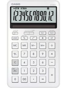 Калкулатор Casio JW-200DQ-WE, бял, с голям дисплей (1234567890.12) и функционални бутони като M+, M-, TAX+, TAX- и цифрови клавиши.