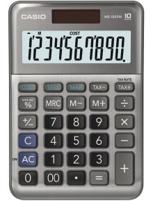 Калкулатор Casio MS-100FM, сив, с голям дисплей (показващ числа от 1 до 0) и ергономична клавиатура с основни бутони, COST, SELL и данъчни функции.