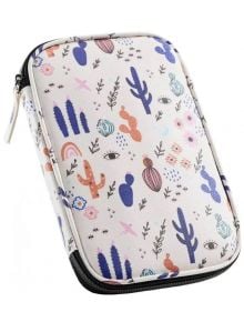 Калъфът на органайзер Микелиус Дезерт-полиестерен калъф с цип, бял фон и цветни кактуси, дъга, очи и абстрактни форми в пастелни нюанси, идеален за аксесоари или като органайзер за кабели.