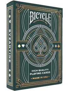 Зелена и златна кутия Карти за игра Bicycle Byzantine със сложни рисунки на линии, символи на костюми и златни и сребърни фолирани акценти. Отпред е изписано MADE IN USA (Произведено в САЩ); отстрани е отпечатан надпис BYZANTINE.