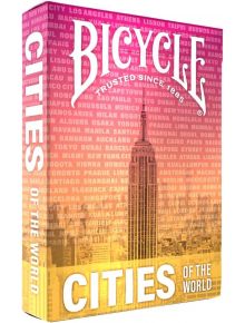 Карти за игра Bicycle Cities of the World представят кутия с емблематичната Емпайър Стейт Билдинг, цветен фон и имена на градове като Лондон, Париж и Токио, със специалното въздушно покритие за лесно разбъркване.