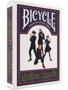 Карти за игра Bicycle Jujutsu Kaisen с кутия, изобразяваща четирима главни герои от анимето и стилизиран жълт надпис на сериала - идеален избор за фенове на Tokyo Jujutsu High School.