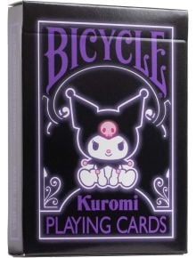 Кутия с Карти за игра Bicycle Kuromi с анимационен герой с черни шутовски уши, розов череп, лилаво-черна тема и Air Cushion покритие. На кутията са изписани надписите "Bicycle" и "Kuromi Playing Cards".