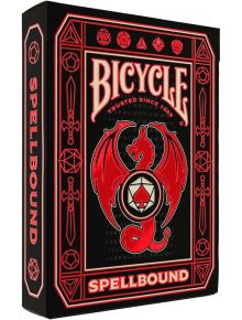 Кутия с Карти за игра Bicycle Spellbound с червен дракон, навит около пика, детайлни червени и черни мотиви и позлатено червено фолио с геометрични шарки върху опаковката.
