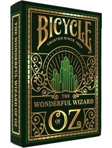 Карти за игра Bicycle The Wonderful Wizard of Oz с орнаменти и изображения, вдъхновени от Изумрудения град, в зелена и златно фолирана кутия.