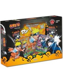 Naruto TCG: Konoha Shido Starter Pack, 1st Edition, с изображения на Наруто Узумаки и Саске Учиха върху кутията и няколко видими лимитирани карти Наруто вътре.
