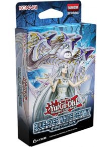 Кутия за структурно тесте за игра с карти Yu-Gi-Oh!, White Destiny Structure Deck, с изображение на жена с бяла коса в аниме стил и три синеоки бели дракона. Намерете Карти за игра Yu-Gi-Oh! в книжарница Orange.