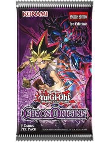 Игрални карти Yu-Gi-Oh! Chaos Origin Booster, 1-во издание, с запомнящ се дизайн – герои с изправяща се коса и тъмни доспехи в лилаво-червено, официално брандирани с Yu-Gi-Oh Trading Card Game.
