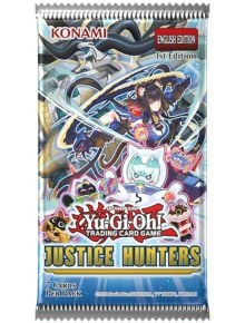 Бустер пакетът за игра с карти Yu-Gi-Oh!, озаглавен Justice Hunters Booster, който се предлага в книжарница Orange, включва динамични герои в аниме стил, включително футуристичен брониран воин, магически символи и ярки ефекти.