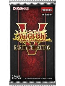 Карти за игра Yu-Gi-Oh! Rarity Collection V Booster, 1st edition на английски език от Konami, с ефектен червен и златен дизайн и 5 карти във всеки буустър пакет.