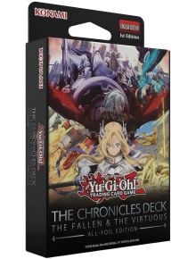Изображението показва Карти за игра Yu-Gi-Oh! The Chronicles Deck: The Fallen & The Virtuous, комплект в кутия с фентъзи рисунки на бронирани герои върху опаковката.