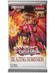Карти за игра Yu-Gi-Oh! Blazing Dominion Booster е английска опаковка от 1-во издание на Konami, съдържаща 9 карти, идеални за колекционери и дуелисти. На корицата на опаковката е изобразен огнен, брониран дракон.