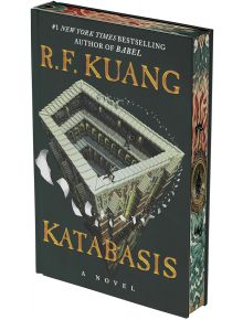 Корицата на книгата Katabasis (Deluxe Limited Edition) от R.F. Kuang включва вдъхновено от Ешер 3D стълбище със сенчести фигури и златни акценти на тъмнозелен фон, което пресъздава атмосферата на мрачното академично фентъзи и Ада на Данте.