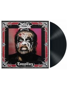 Обложка на албума King Diamond - Conspiracy (VINYL), на която е изобразен мъж с поразителна черно-бяла боя на лицето, червени акценти, свиреп поглед, обрамчен със сребърни готически мотиви, с частично видима винилова плоча.