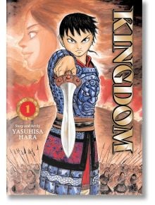 Корица на Kingdom, Vol. 1: Млад воин в богато украсени доспехи насочва меча си напред, решен да стане велик генерал. Зад него се появяват избледнял женски профил, армия от войници и заглавието "Кралство" вдясно.